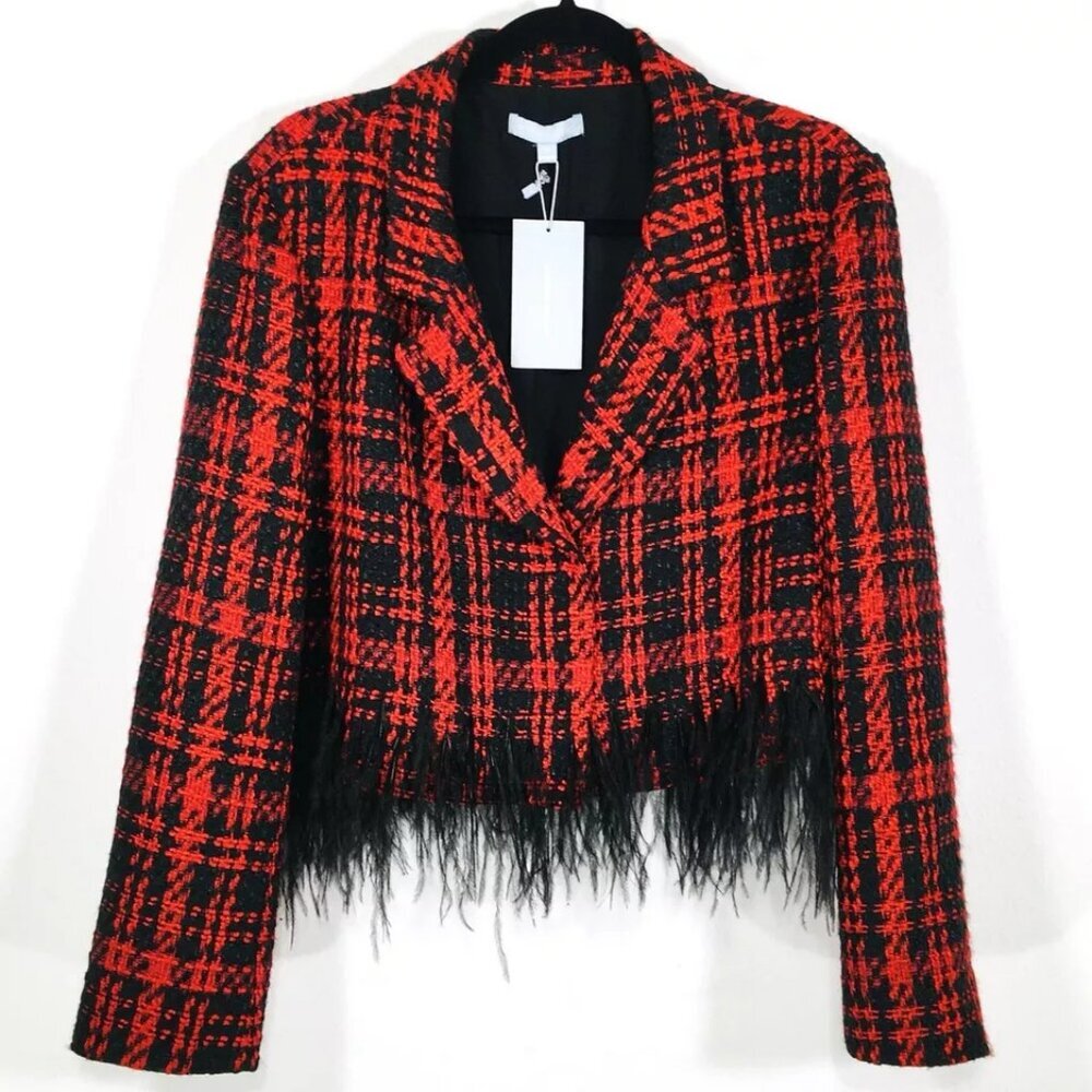 NEW Antonio Melani Sz 18 Double Breasted Short Tweed Chloe Jacket Feather Fringe